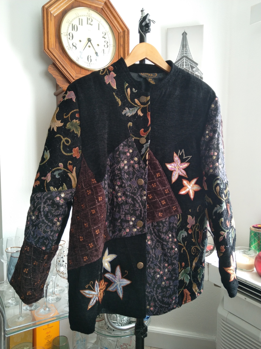Embroidered Patchwork Women’s Jacket - Black with Multicolor Floral Accents